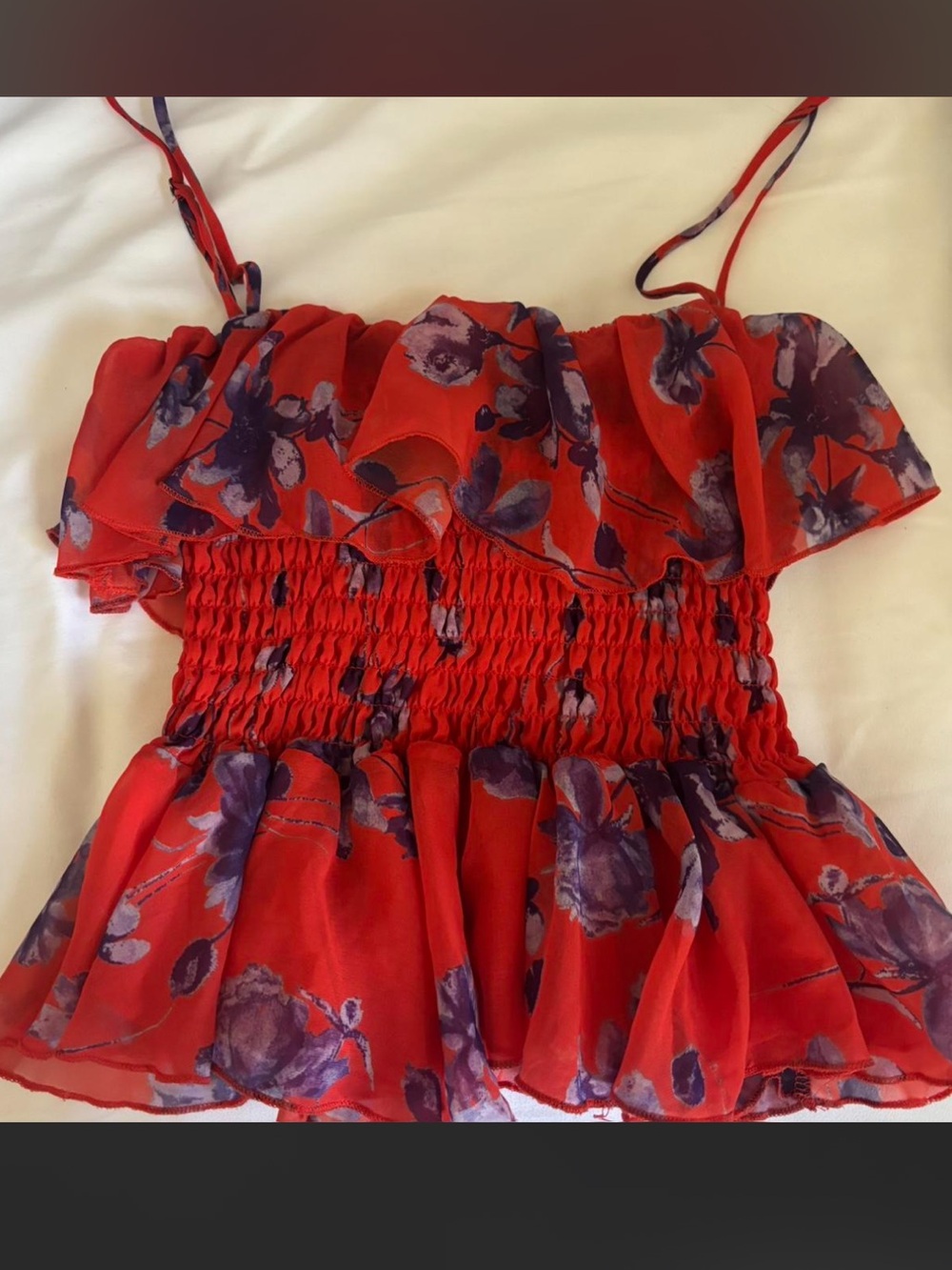 Revolve Red and Purple Floral Ruffle Smocked
Crop Top - Size XS